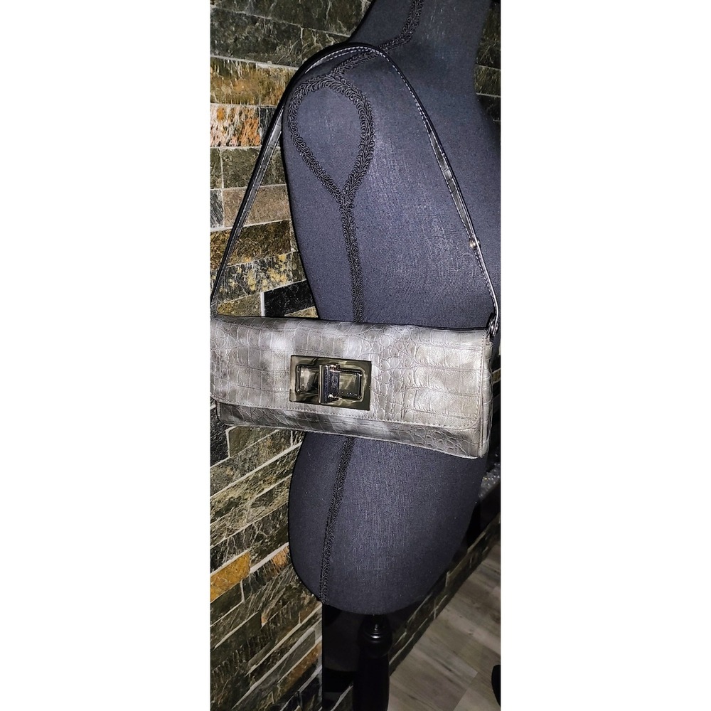 The Limited Marble Gray Faux Crocodile Patent Leather Clutch With Strap